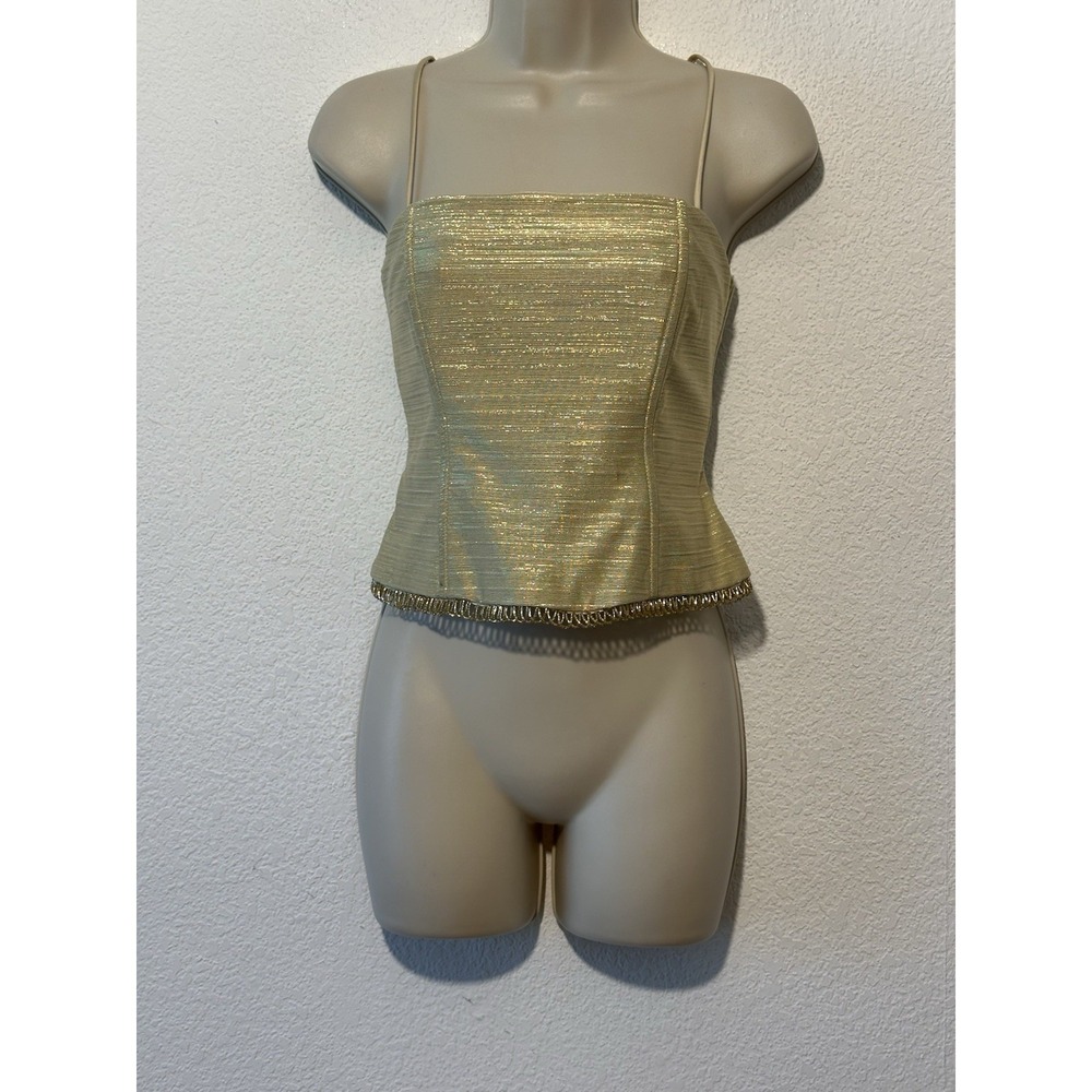 Y2K Vtg Blondie Nites Crop Top Gold Beaded Hem Dainty Holiday